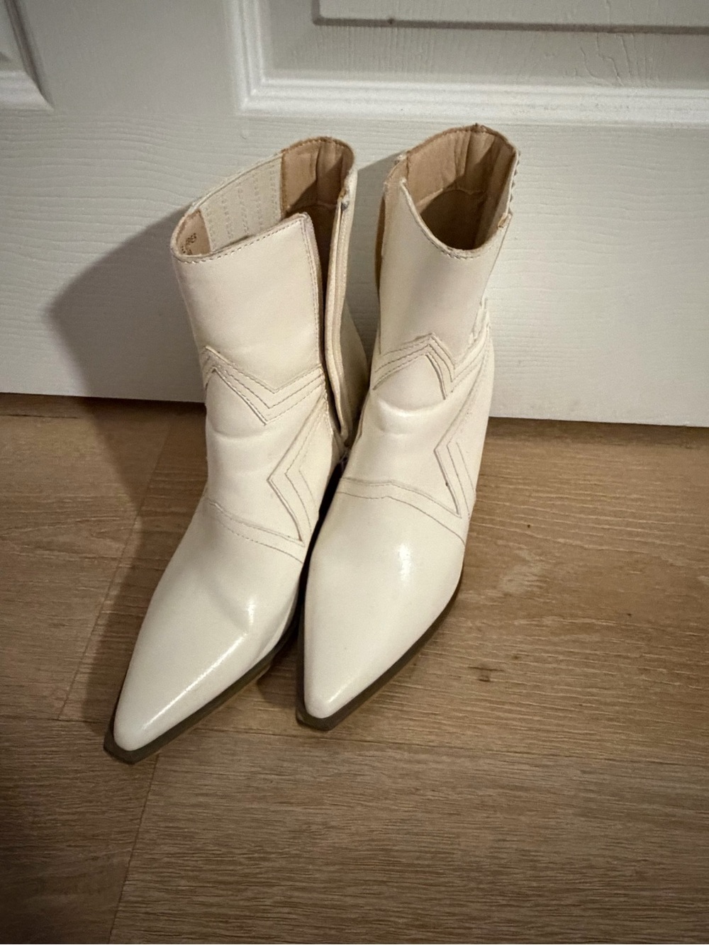 Cream Pointed-Toe Western Ankle Boots
